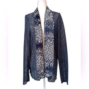 Orvis Linen Open Front Cardigan Attached Scarf Blue White